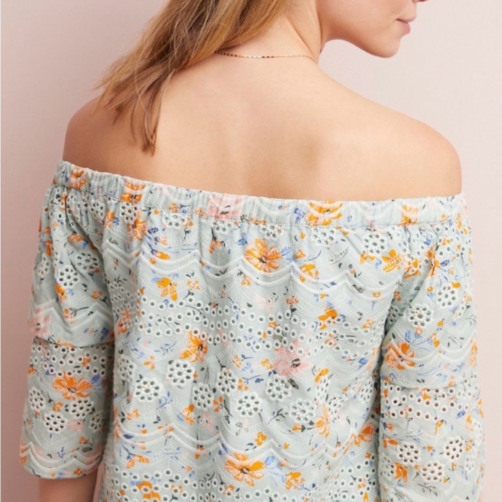 LAIA by Anthropologie Off-Shoulder Floral Eyelet Top in Light Blue